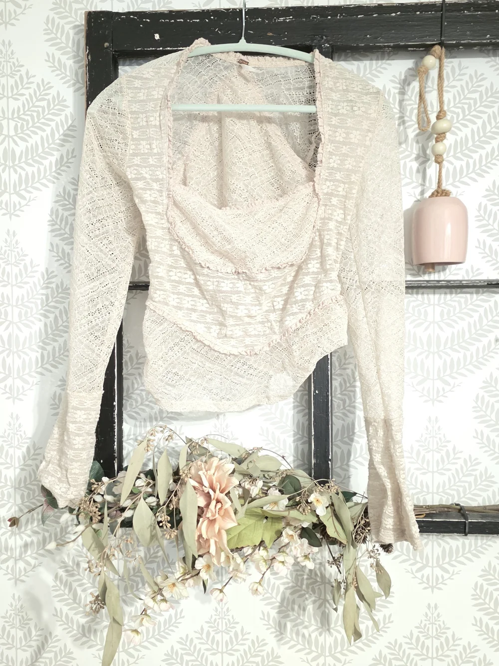 Free People Pale Pink Lace Cropped Peplum Top